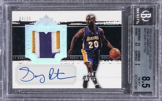 2003-04 UD "Exquisite Collection" Noble Nameplates #GP Gary Payton Signed Game Used Patch Card (#04/25) – BGS GEM MINT 9.5/BGS 10